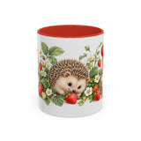 Hedgehog Mug, Strawberry Day, Cute Watercolor Animal Coffee Cup, Hedgehog Lover Gift, 11oz 15oz Ceramic Accent Mug — 11oz / Red — front