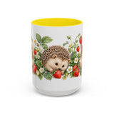 Hedgehog Mug, Strawberry Day, Cute Watercolor Animal Coffee Cup, Hedgehog Lover Gift, 11oz 15oz Ceramic Accent Mug — 15oz / Yellow — front