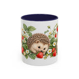 Hedgehog Mug, Strawberry Day, Cute Watercolor Animal Coffee Cup, Hedgehog Lover Gift, 11oz 15oz Ceramic Accent Mug — 11oz / Navy — front