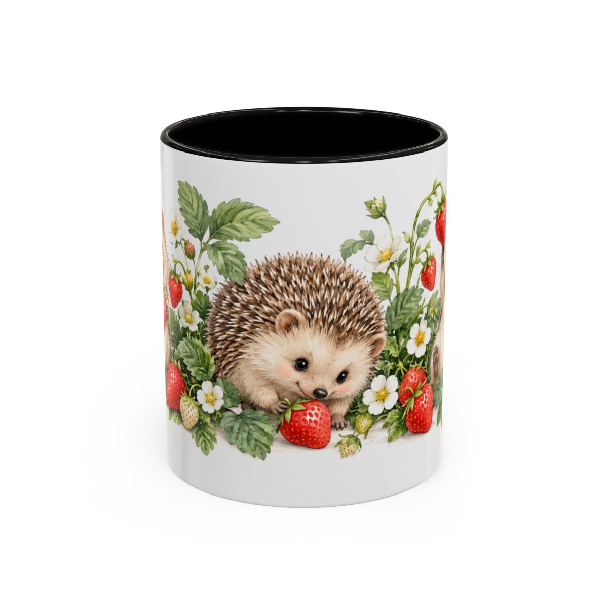 Hedgehog Mug, Strawberry Day, Cute Watercolor Animal Coffee Cup, Hedgehog Lover Gift, 11oz 15oz Ceramic Accent Mug — 11oz / Black — front