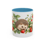 Hedgehog Mug, Strawberry Day, Cute Watercolor Animal Coffee Cup, Hedgehog Lover Gift, 11oz 15oz Ceramic Accent Mug — 11oz / Light Blue — front