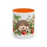 Hedgehog Mug, Strawberry Day, Cute Watercolor Animal Coffee Cup, Hedgehog Lover Gift, 11oz 15oz Ceramic Accent Mug — 11oz / Orange — front