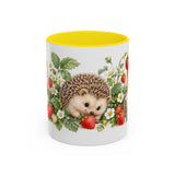 Hedgehog Mug, Strawberry Day, Cute Watercolor Animal Coffee Cup, Hedgehog Lover Gift, 11oz 15oz Ceramic Accent Mug — 11oz / Yellow — front