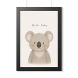 Hello Baby Koala Framed Nursery Poster — Storybook Wall Art — Kids Room Decor — Black Walnut White Frame — 16x24 20x30 — Front view — Photo 1