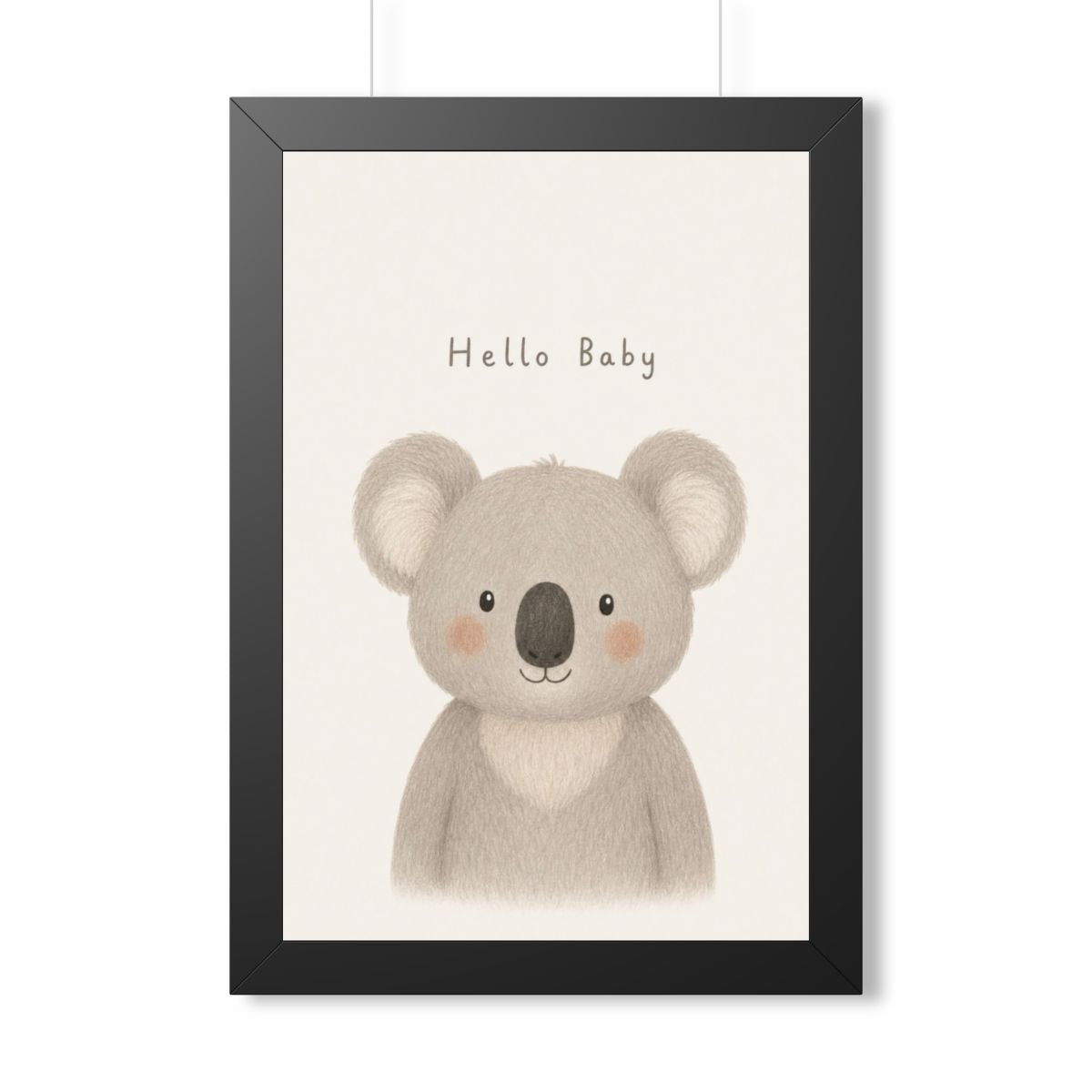 Hello Baby Koala Framed Nursery Poster — Storybook Wall Art — Kids Room Decor — Black Walnut White Frame — 16x24 20x30 — Front view — Photo 1