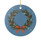 Holly Christmas Wreath Ceramic Ornament, Double Sided Round Christmas Decoration, Holiday Keepsake Gift — Back view — Photo 2