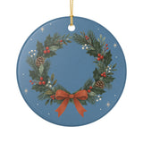 Holly Christmas Wreath Ceramic Ornament, Double Sided Round Christmas Decoration, Holiday Keepsake Gift — Front view — Photo 1
