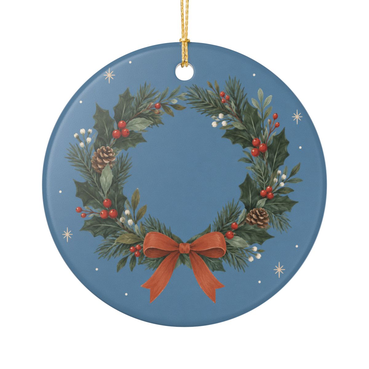 Holly Christmas Wreath Ceramic Ornament, Double Sided Round Christmas Decoration, Holiday Keepsake Gift — Front view — Photo 1