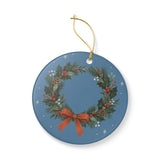 Holly Christmas Wreath Ceramic Ornament, Double Sided Round Christmas Decoration, Holiday Keepsake Gift — Product view — Photo 5