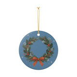 Holly Christmas Wreath Ceramic Ornament, Double Sided Round Christmas Decoration, Holiday Keepsake Gift — Product view — Photo 3