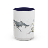 Humpback Whale Calf Accent Mug | Watercolor Nature Coffee Cup | 11oz 15oz Ocean Wildlife Gift — 15oz / Navy — front