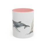 Humpback Whale Calf Accent Mug | Watercolor Nature Coffee Cup | 11oz 15oz Ocean Wildlife Gift — 11oz / Pink — front