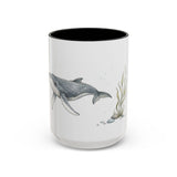 Humpback Whale Calf Accent Mug | Watercolor Nature Coffee Cup | 11oz 15oz Ocean Wildlife Gift — 15oz / Black — front