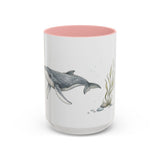Humpback Whale Calf Accent Mug | Watercolor Nature Coffee Cup | 11oz 15oz Ocean Wildlife Gift — 15oz / Pink — front