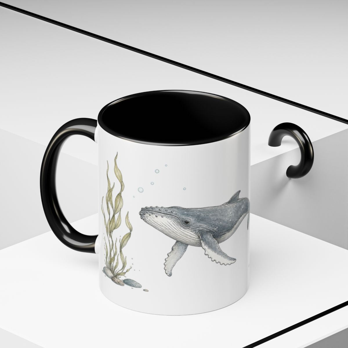 Humpback Whale Calf Accent Mug | Watercolor Nature Coffee Cup | 11oz 15oz Ocean Wildlife Gift — 11oz / Black — context-2
