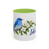 Idaho State Bird and Flower Mug, Watercolor Botanical Coffee Cup, Nature Lover Gift, 11oz 15oz Accent Mug — 11oz / Light Green — front