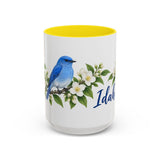 Idaho State Bird and Flower Mug, Watercolor Botanical Coffee Cup, Nature Lover Gift, 11oz 15oz Accent Mug — 15oz / Yellow — front