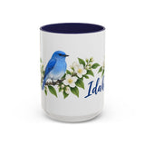 Idaho State Bird and Flower Mug, Watercolor Botanical Coffee Cup, Nature Lover Gift, 11oz 15oz Accent Mug — 15oz / Navy — front