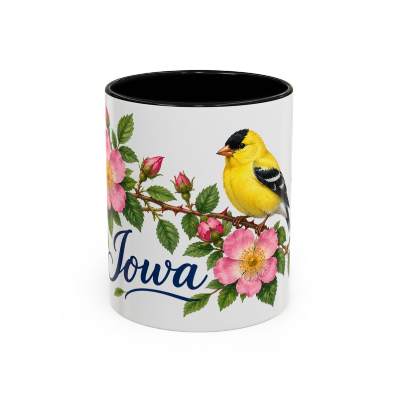 Iowa State Bird and Flower Mug, Watercolor Botanical Coffee Cup, Nature Lover Gift, 11oz 15oz Accent Mug — 11oz / Black — front