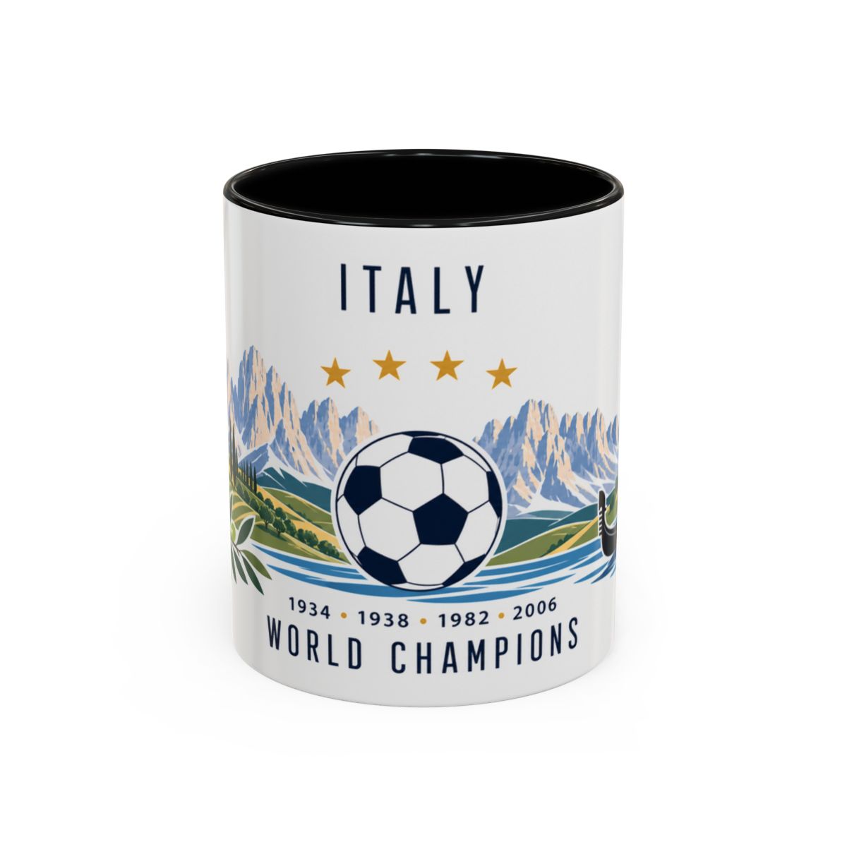 Italy World Champions Mug — Four Time Soccer Champion Gift — Italian Football Fan Cup — 1934–2006 — 11oz 15oz Accent Mug — Front view — Photo 1