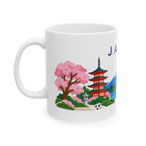 Japan Travel Souvenir Mug — Fuji & Cherry Blossoms — Soccer Fan Gift — White Ceramic 11oz 15oz — Left view — Photo 4