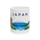 Japan Travel Souvenir Mug — Fuji & Cherry Blossoms — Soccer Fan Gift — White Ceramic 11oz 15oz — Front view — Photo 1