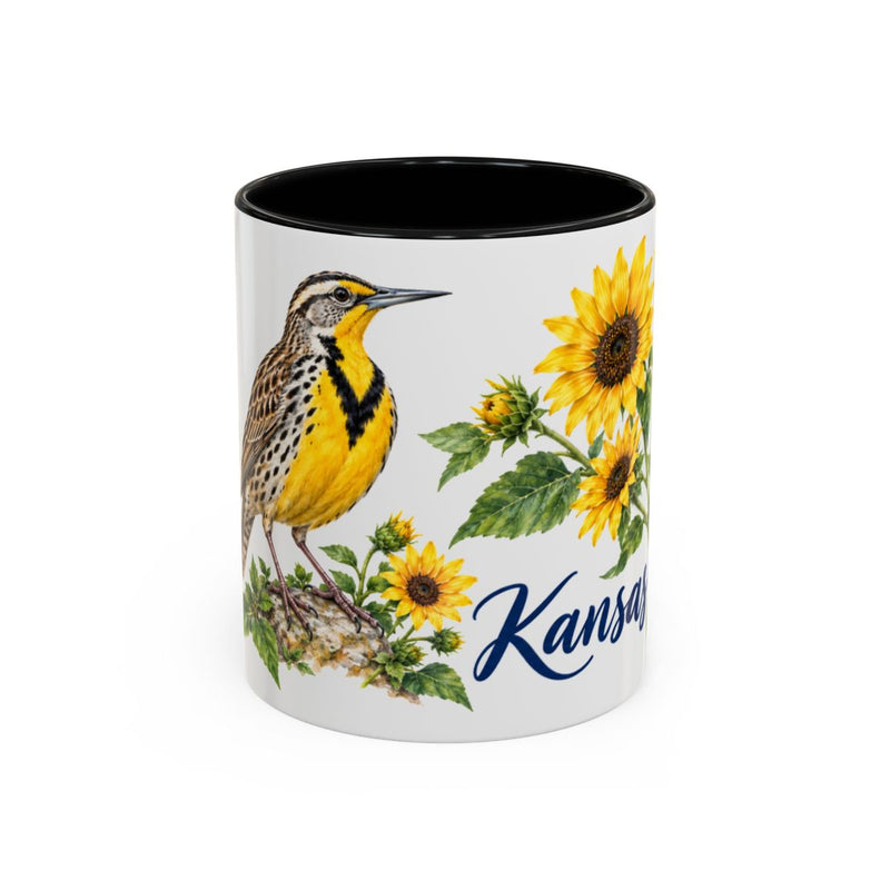 Kansas State Bird and Flower Mug, Watercolor Botanical Coffee Cup, Nature Lover Gift, 11oz 15oz Accent Mug — 11oz / Black — front