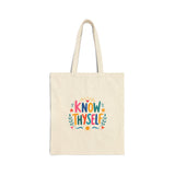 Know Thyself Tote Bag — Ancient Wisdom Quote Canvas Bag — Colorful Philosophy Gift — Front view — Photo 1