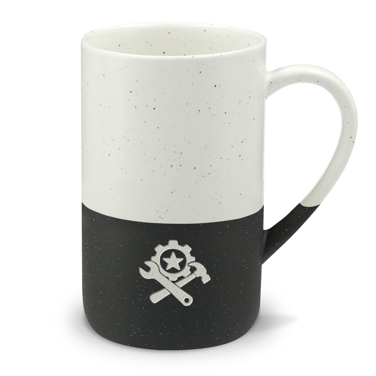 Labor Day Engraved Mug, Labor Day Tools Gear, 13oz Speckled Ceramic Coffee Cup, Holiday Gift — Front view — Photo 1