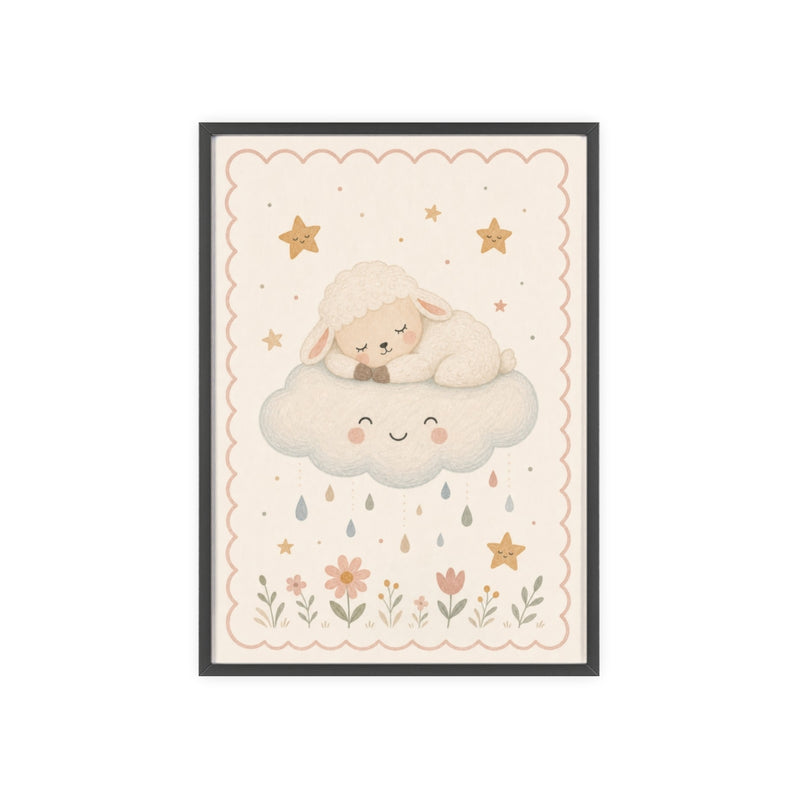 Lamb Cloud Framed Nursery Poster, Storybook Kids Room Wall Art, A4 A3 Size — 6ad866c54a87cc6e1a0e5f07_96250_80279_front