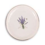 Lavender Garden Ceramic Ring Dish, Gold Rim Trinket Tray, Jewelry Holder Gift, Round Wavy Round Heart — Front view — Photo 1