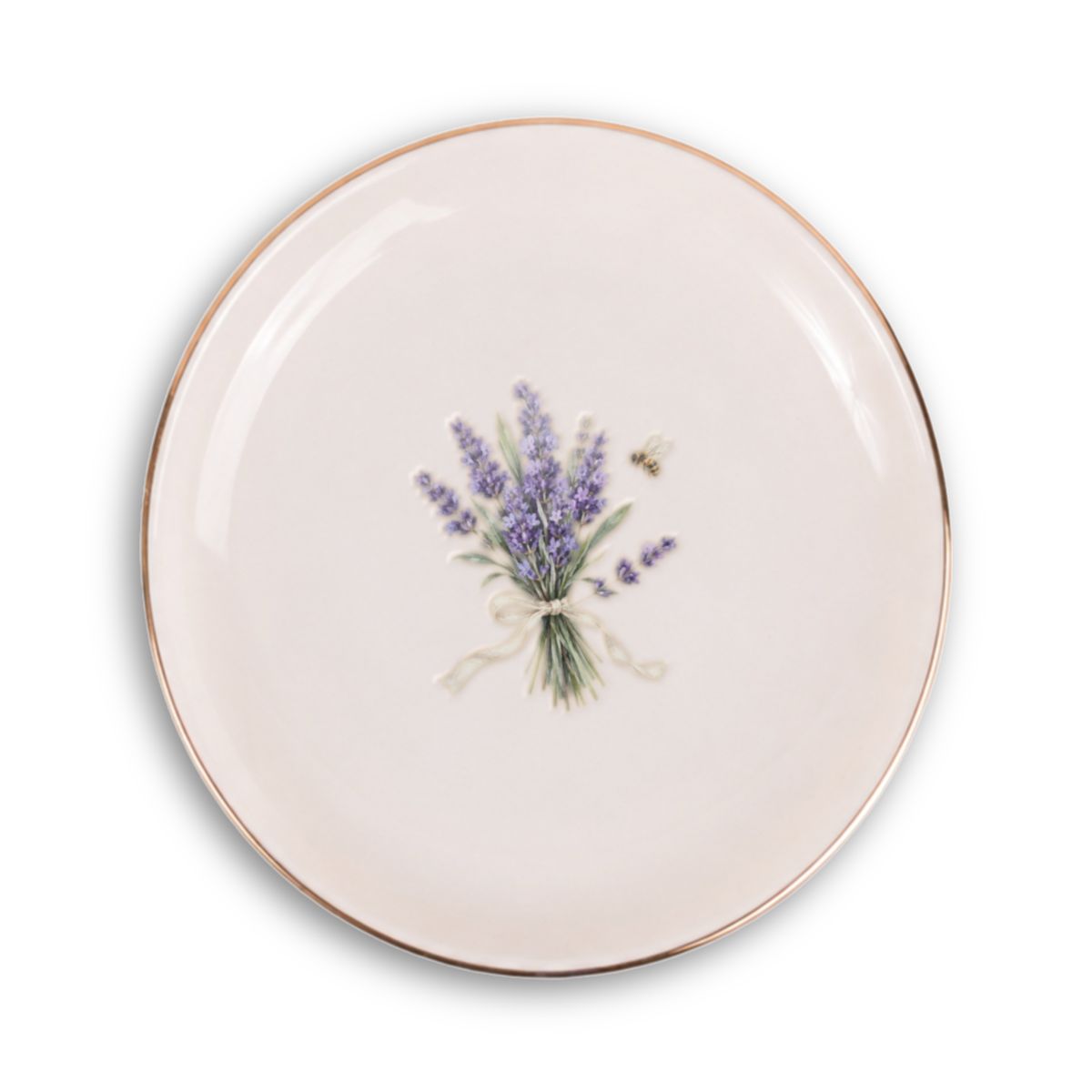 Lavender Garden Ceramic Ring Dish, Gold Rim Trinket Tray, Jewelry Holder Gift, Round Wavy Round Heart — Front view — Photo 1
