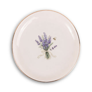 Lavender Garden Ceramic Ring Dish, Gold Rim Trinket Tray, Jewelry Holder Gift, Round Wavy Round Heart — Front view — Photo 1