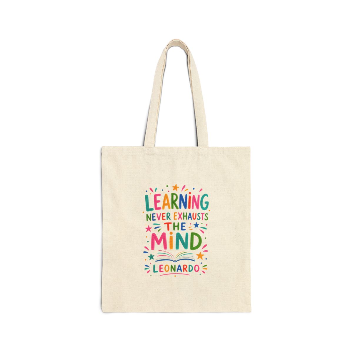 Leonardo da Vinci Quote Tote Bag — Inspirational Canvas Bag — Colorful Literary Gift — Front view — Photo 1