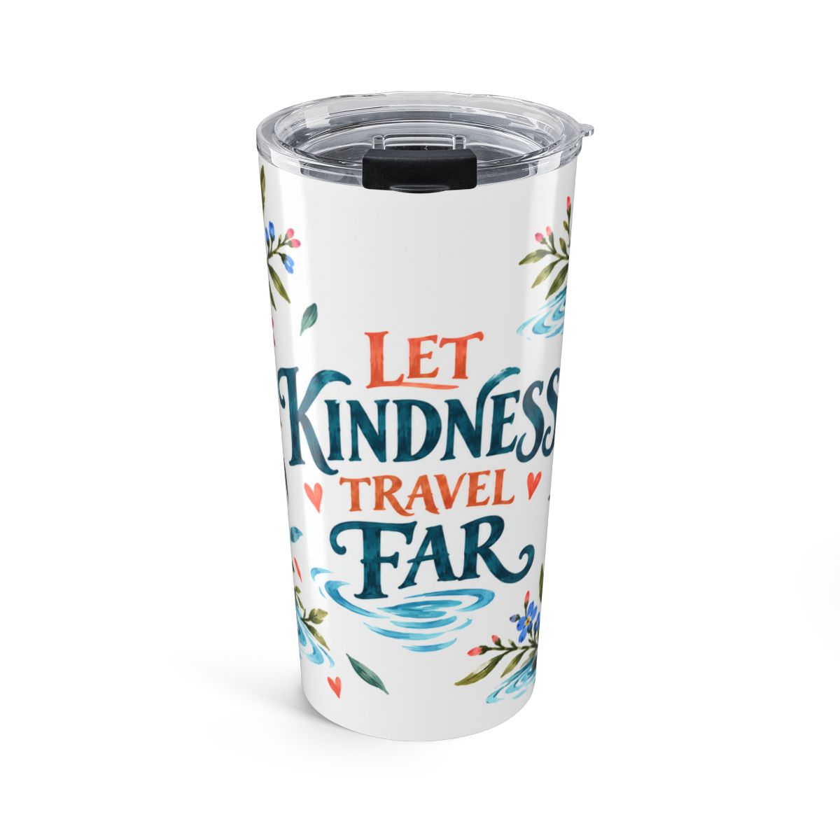 Let Kindness Travel Far 20oz Tumbler, Botanical Inspirational Quote Gift, Insulated Stainless Steel Travel Cup — Front view — Photo 1