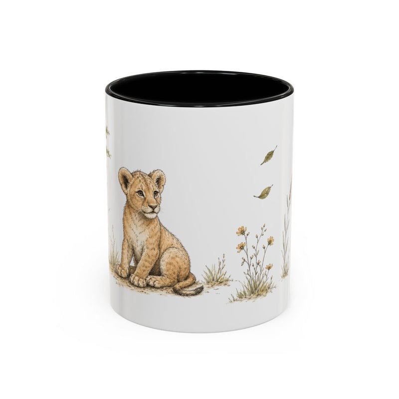 Lion Cub Accent Mug | Watercolor Nature Coffee Cup | 11oz 15oz Wildlife Lover Gift — 11oz / Black — front