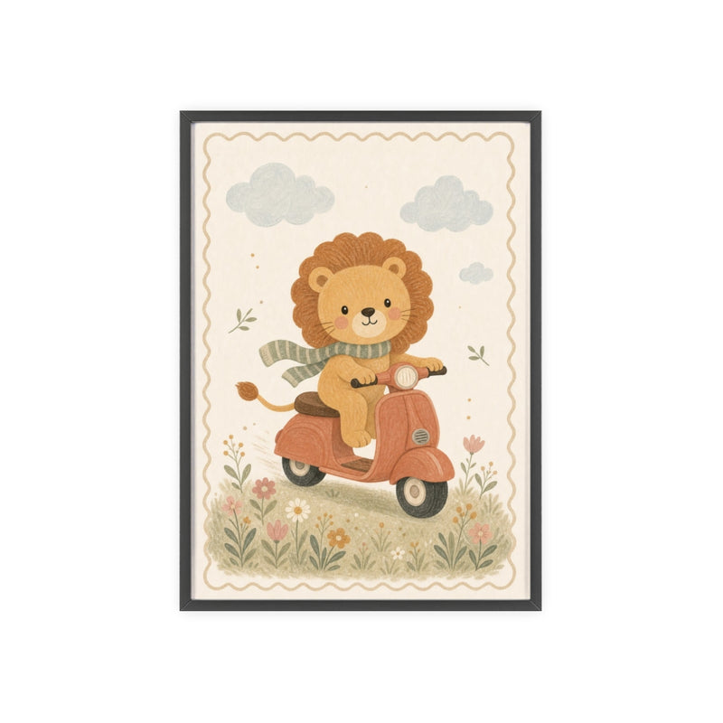Lion Scooter Framed Nursery Poster, Storybook Kids Room Wall Art, A4 A3 Size — 6ad8673fa3b65b75ca0e50c9_96250_80279_front