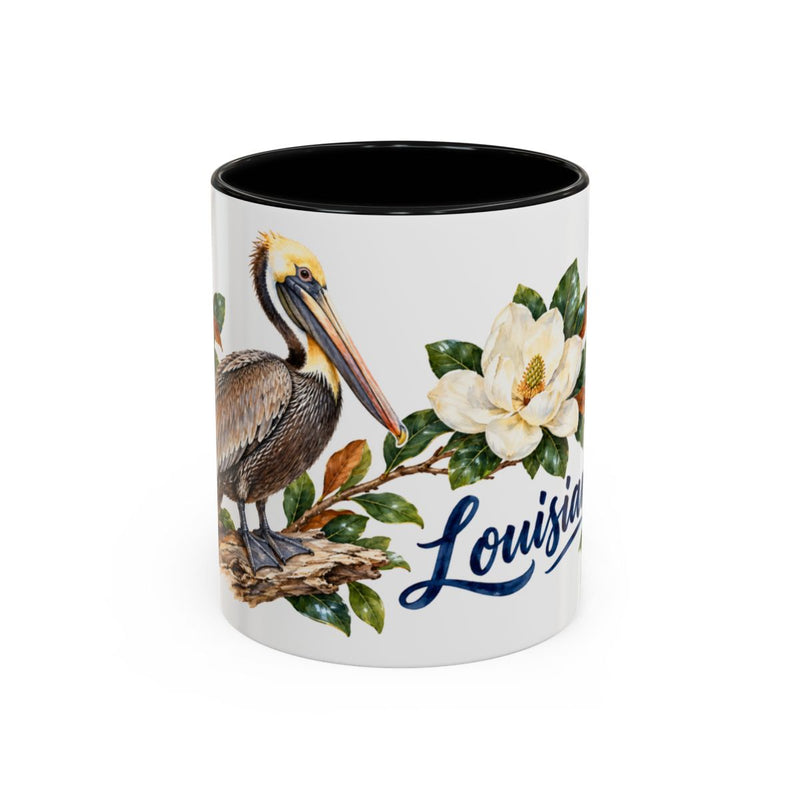 Louisiana State Bird and Flower Mug, Watercolor Botanical Coffee Cup, Nature Lover Gift, 11oz 15oz Accent Mug — 11oz / Black — front