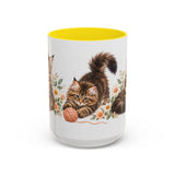 Maine Coon Mug, Cute Watercolor Cat Coffee Cup, Floral Pet Lover Gift, 11oz 15oz Ceramic Accent Mug — 15oz / Yellow — front