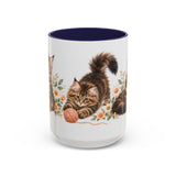 Maine Coon Mug, Cute Watercolor Cat Coffee Cup, Floral Pet Lover Gift, 11oz 15oz Ceramic Accent Mug — 15oz / Navy — front