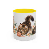 Maine Coon Mug, Cute Watercolor Cat Coffee Cup, Floral Pet Lover Gift, 11oz 15oz Ceramic Accent Mug — 11oz / Yellow — front