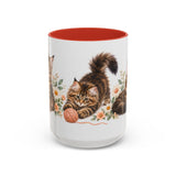 Maine Coon Mug, Cute Watercolor Cat Coffee Cup, Floral Pet Lover Gift, 11oz 15oz Ceramic Accent Mug — 15oz / Red — front