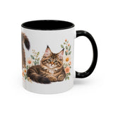 Maine Coon Mug, Cute Watercolor Cat Coffee Cup, Floral Pet Lover Gift, 11oz 15oz Ceramic Accent Mug — 11oz / Black — right