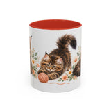 Maine Coon Mug, Cute Watercolor Cat Coffee Cup, Floral Pet Lover Gift, 11oz 15oz Ceramic Accent Mug — 11oz / Red — front