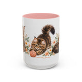 Maine Coon Mug, Cute Watercolor Cat Coffee Cup, Floral Pet Lover Gift, 11oz 15oz Ceramic Accent Mug — 15oz / Pink — front