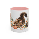 Maine Coon Mug, Cute Watercolor Cat Coffee Cup, Floral Pet Lover Gift, 11oz 15oz Ceramic Accent Mug — 11oz / Pink — front