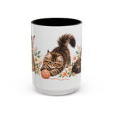 Maine Coon Mug, Cute Watercolor Cat Coffee Cup, Floral Pet Lover Gift, 11oz 15oz Ceramic Accent Mug — 15oz / Black — front
