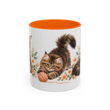 Maine Coon Mug, Cute Watercolor Cat Coffee Cup, Floral Pet Lover Gift, 11oz 15oz Ceramic Accent Mug — 11oz / Orange — front
