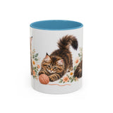 Maine Coon Mug, Cute Watercolor Cat Coffee Cup, Floral Pet Lover Gift, 11oz 15oz Ceramic Accent Mug — 11oz / Light Blue — front