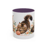 Maine Coon Mug, Cute Watercolor Cat Coffee Cup, Floral Pet Lover Gift, 11oz 15oz Ceramic Accent Mug — 11oz / Purple — front
